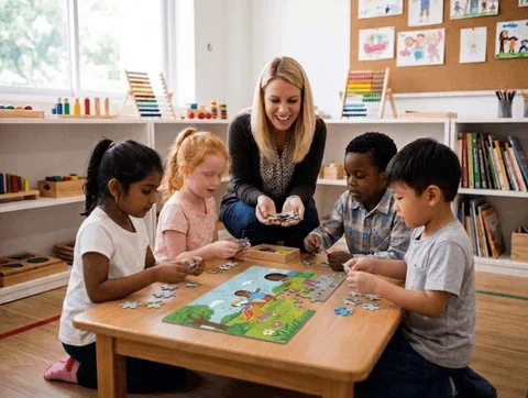 A teacher helping students solve a puzzle in the classroom.